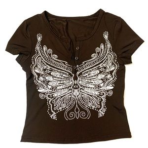 SHEIN brown casual top with white print design and brown buttons for women